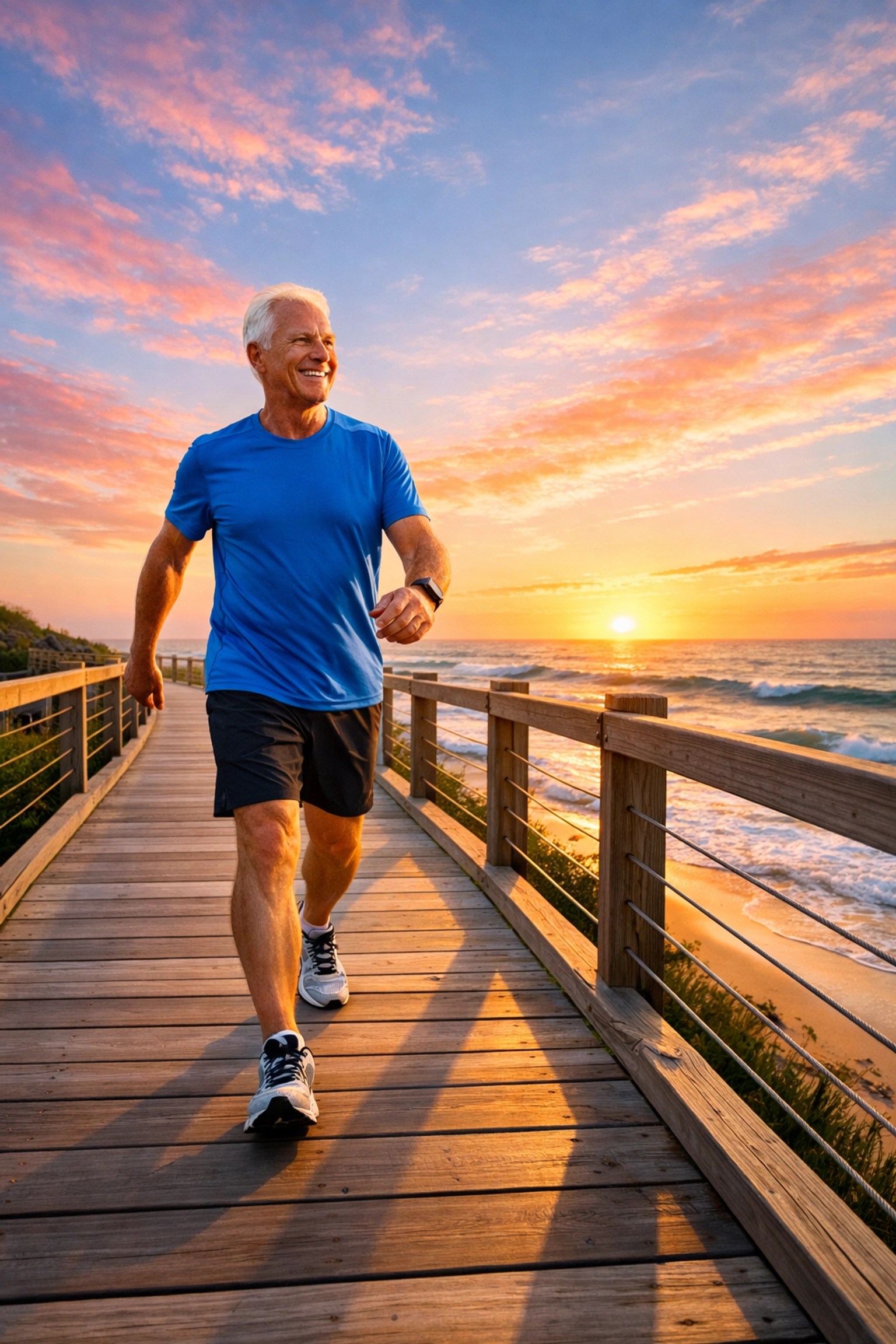Healthy senior man walking at sunrise, illustrating the peace of mind that comes with comprehensive Medicare coverage.