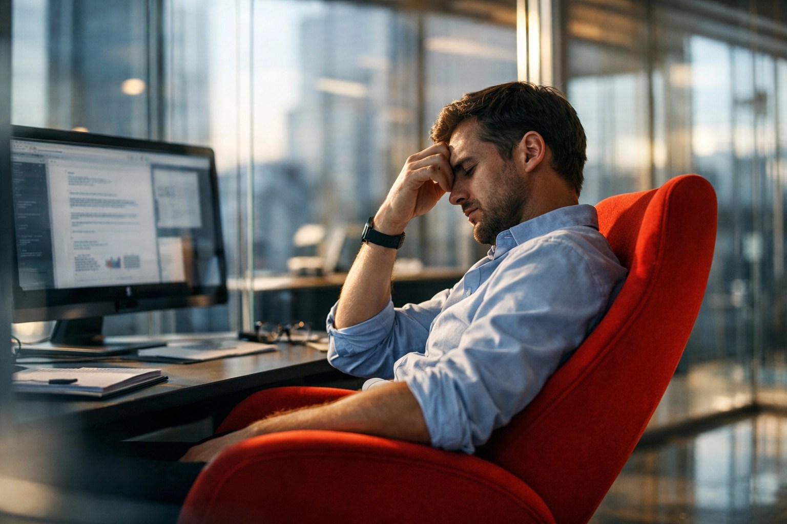 A professional in a hybrid office showing signs of burnout and stress caused by poor team management.