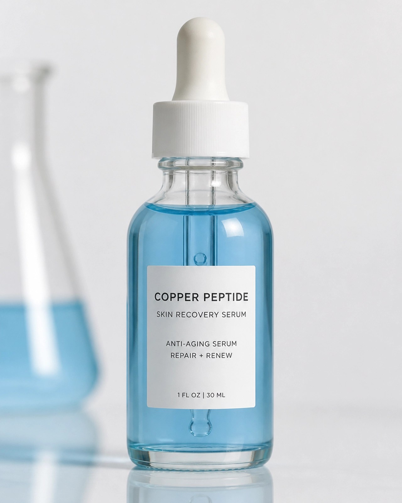 High-clarity product photography of a blue GHK-Cu dropper serum