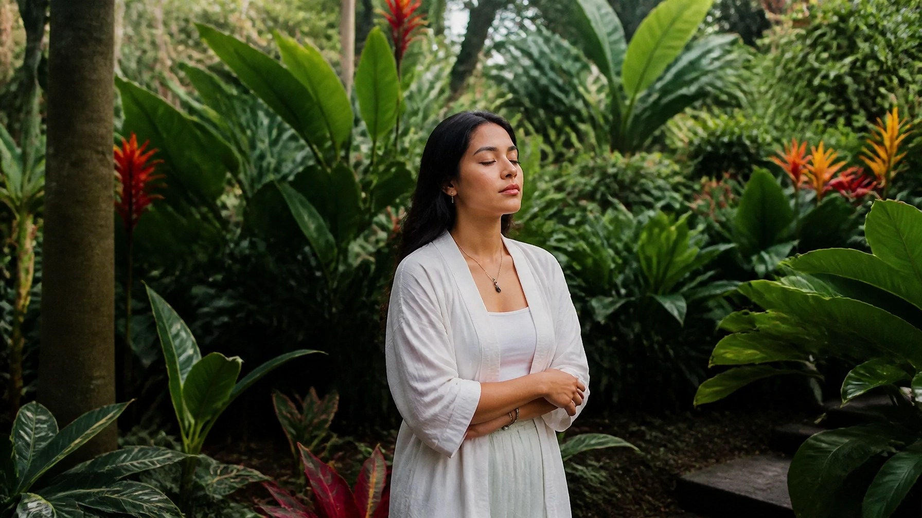 Una persona en un estado de paz y contemplación en un exuberante jardín colombiano, representando el bienestar integral