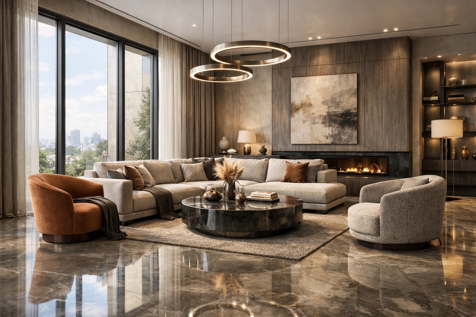 Photorealistic interior rendering of luxury living room with natural lighting and materials