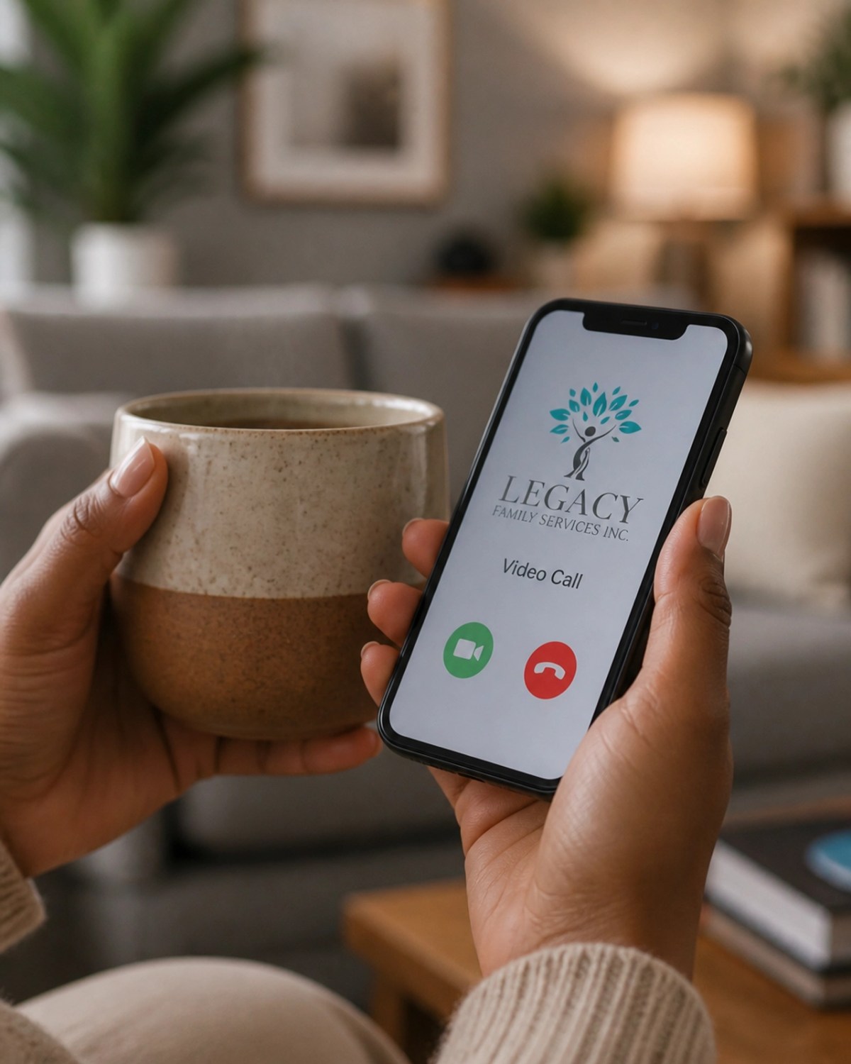 Close-up of a pair of Black hands holding a warm mug and a smartphone showing a video call icon, emphasizing home comfort during therapy.