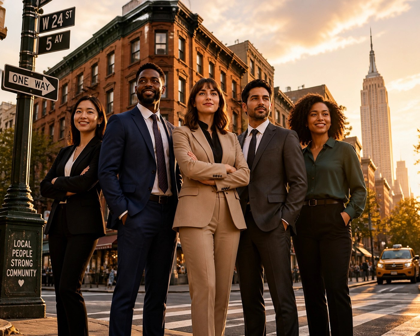 Diverse team of professional employees on a New York street corner symbolizing reliable local business health plans.