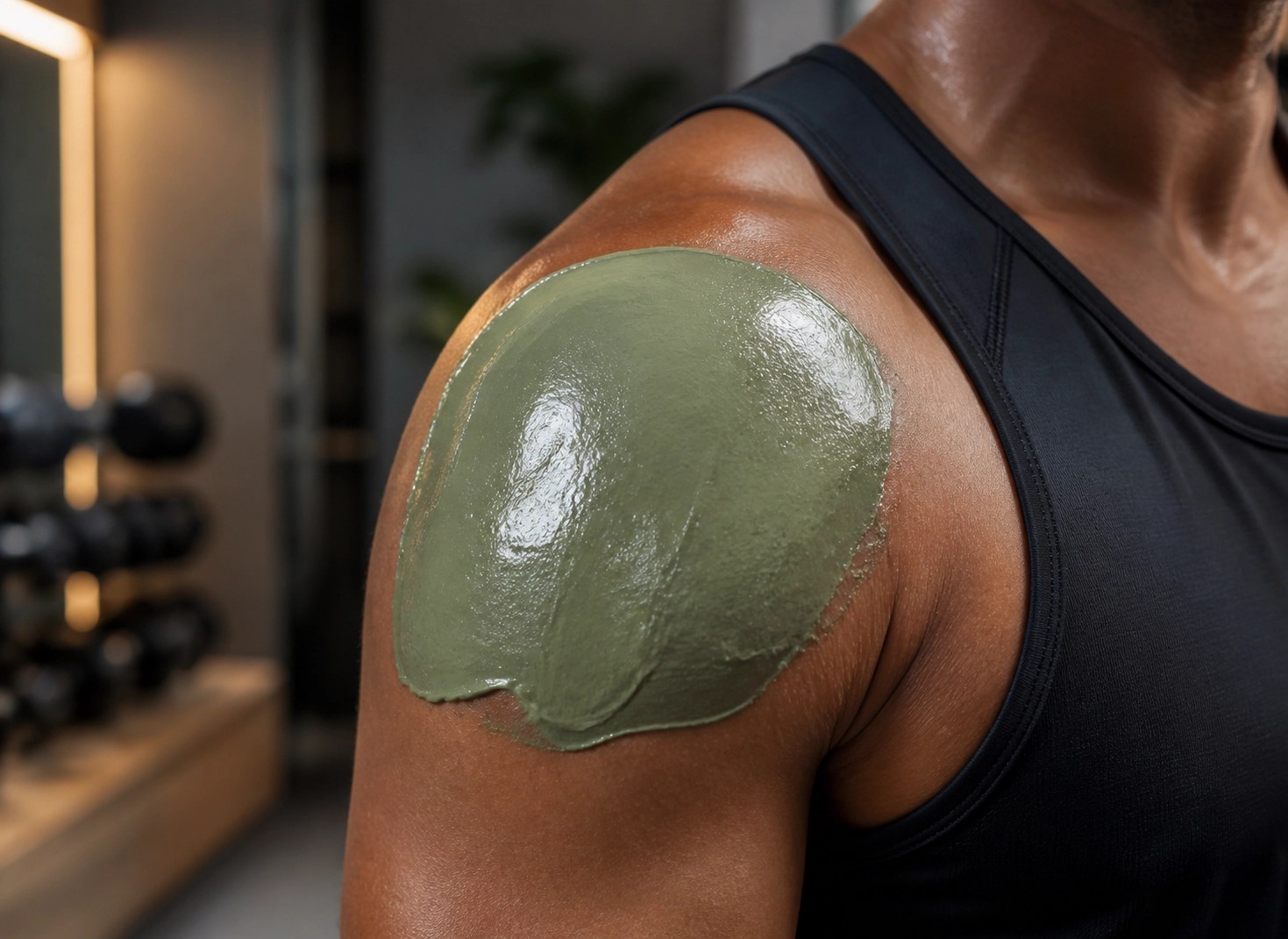 Green clay recovery mask applied to an athlete's shoulder for deep muscle detox and healing.