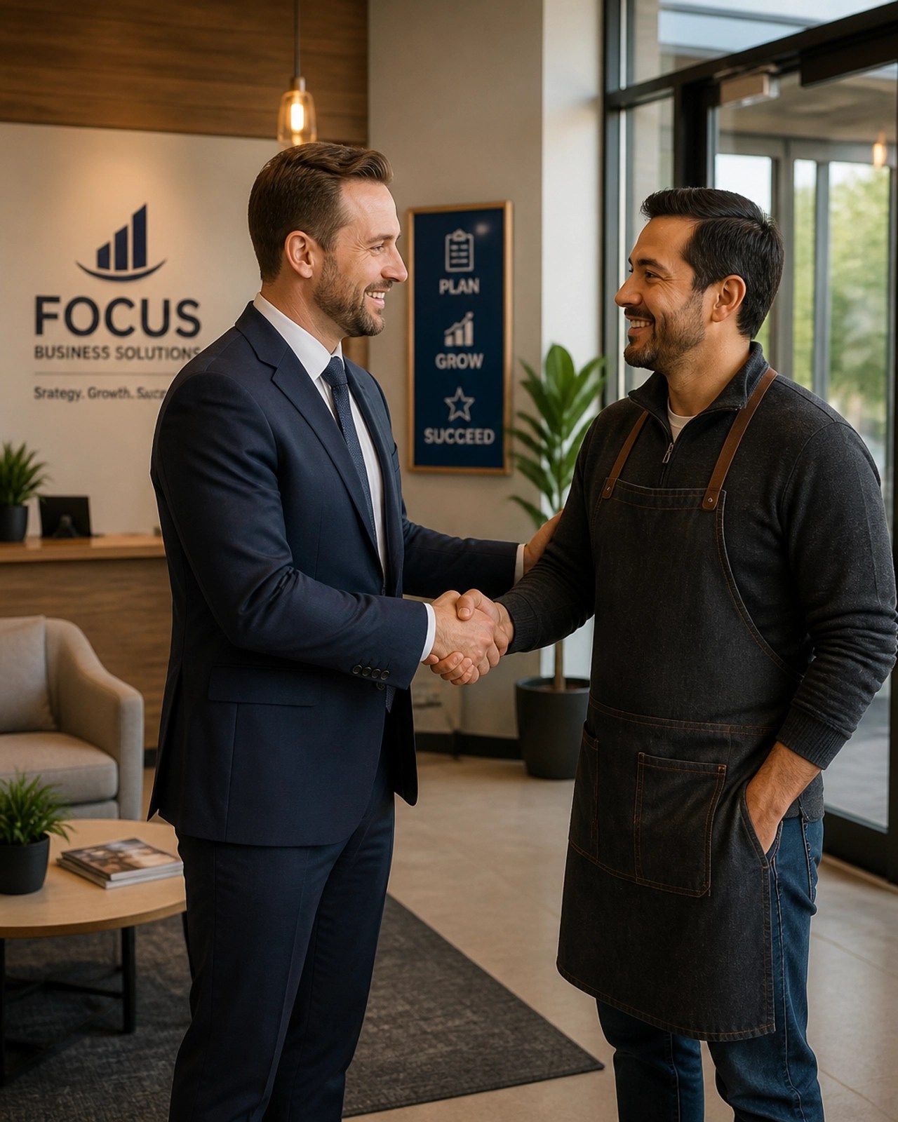 A professional consultant shaking hands with a New York small business owner, conveying trust and expert guidance.
