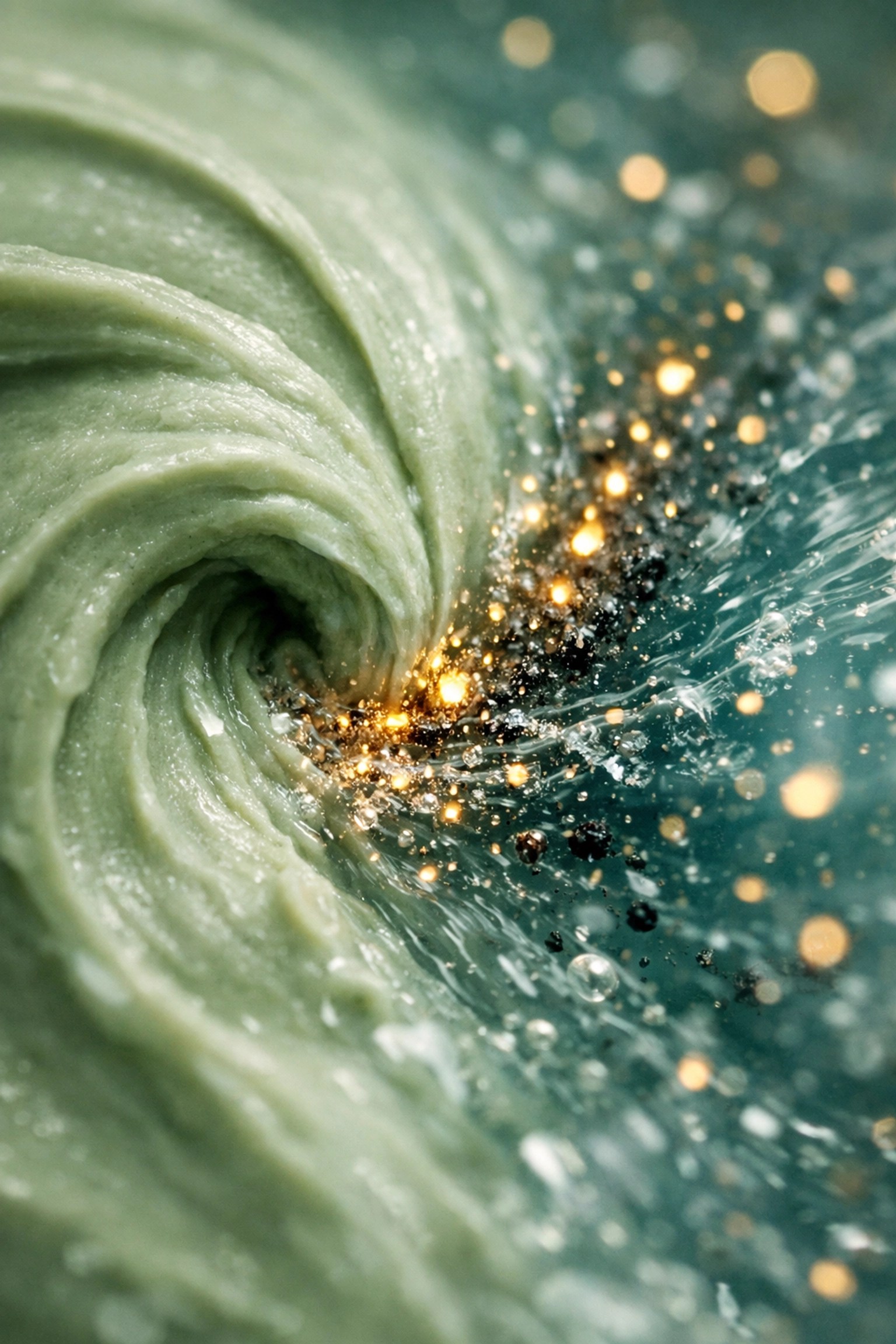 Macro view of green mineral clay in water illustrating ionic exchange for natural healing and clay detox.