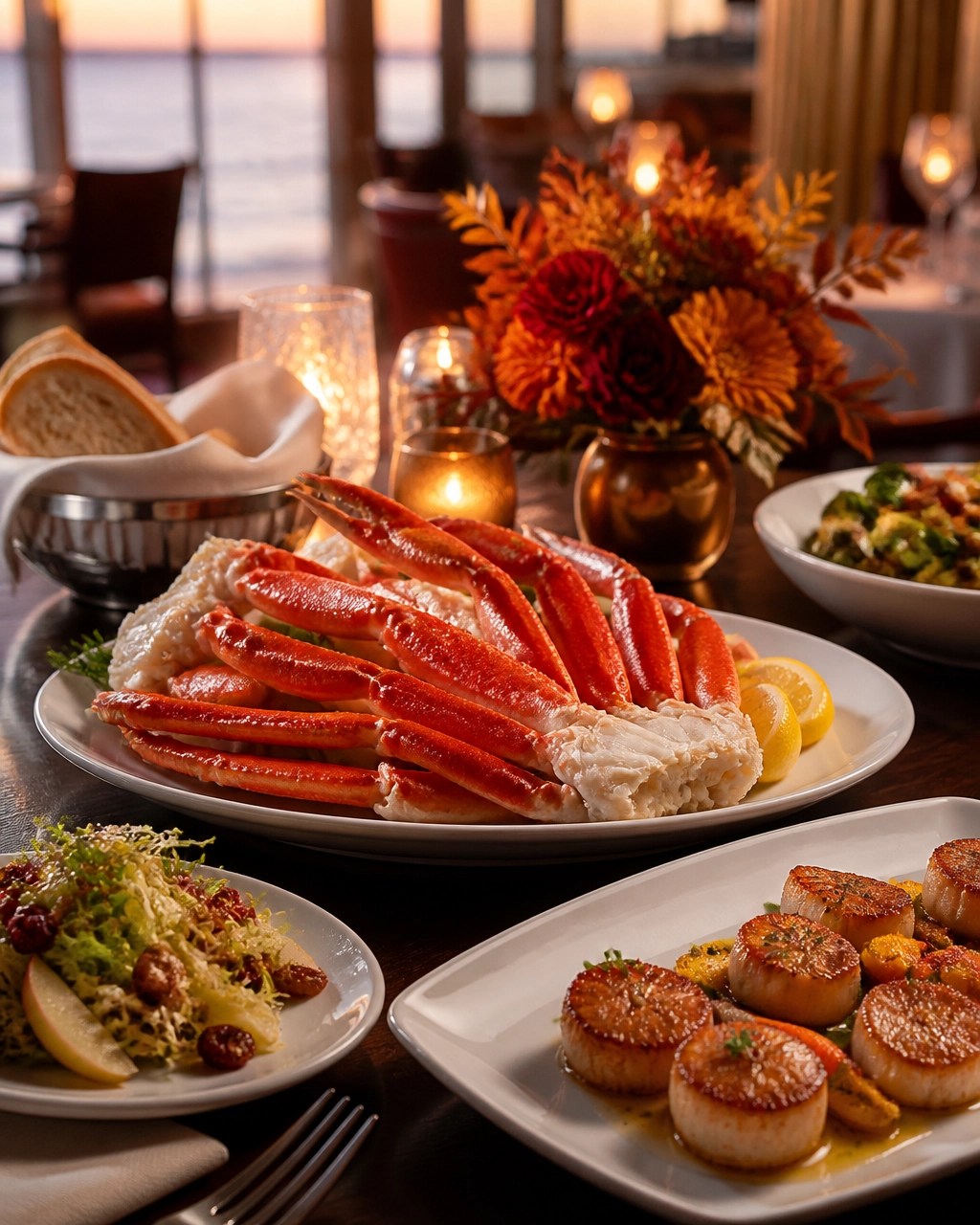 Elegant seafood dinner featuring crab legs and seared scallops in a warm autumn setting