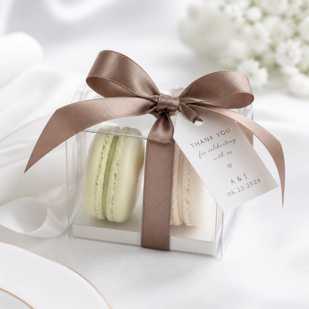 Luxe huwelijksbedankje: transparant doosje met macarons en satijnen lint