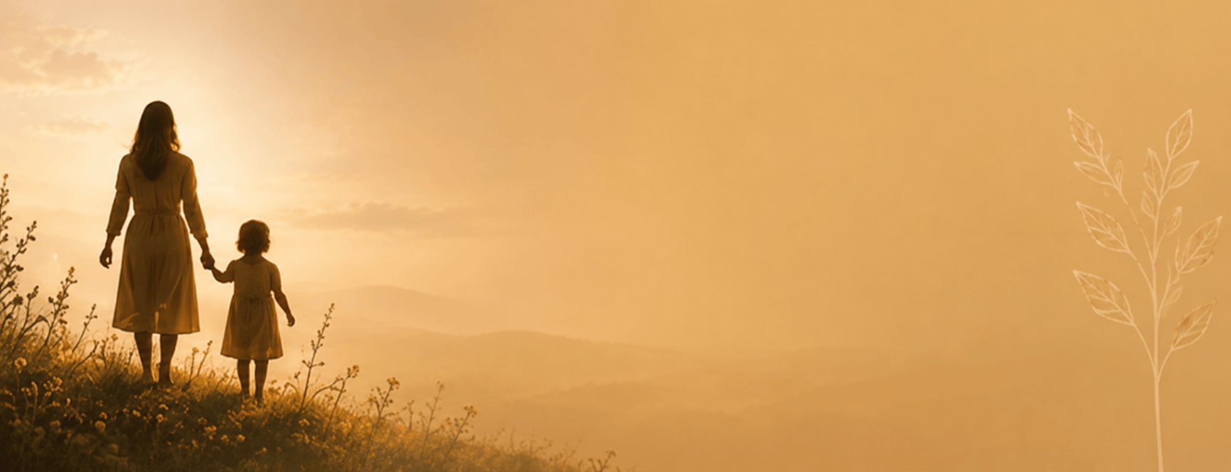 Silhouettes of a mother and daughter walking toward a golden sunset, symbolizing the grace-filled journey of raising the next generation.