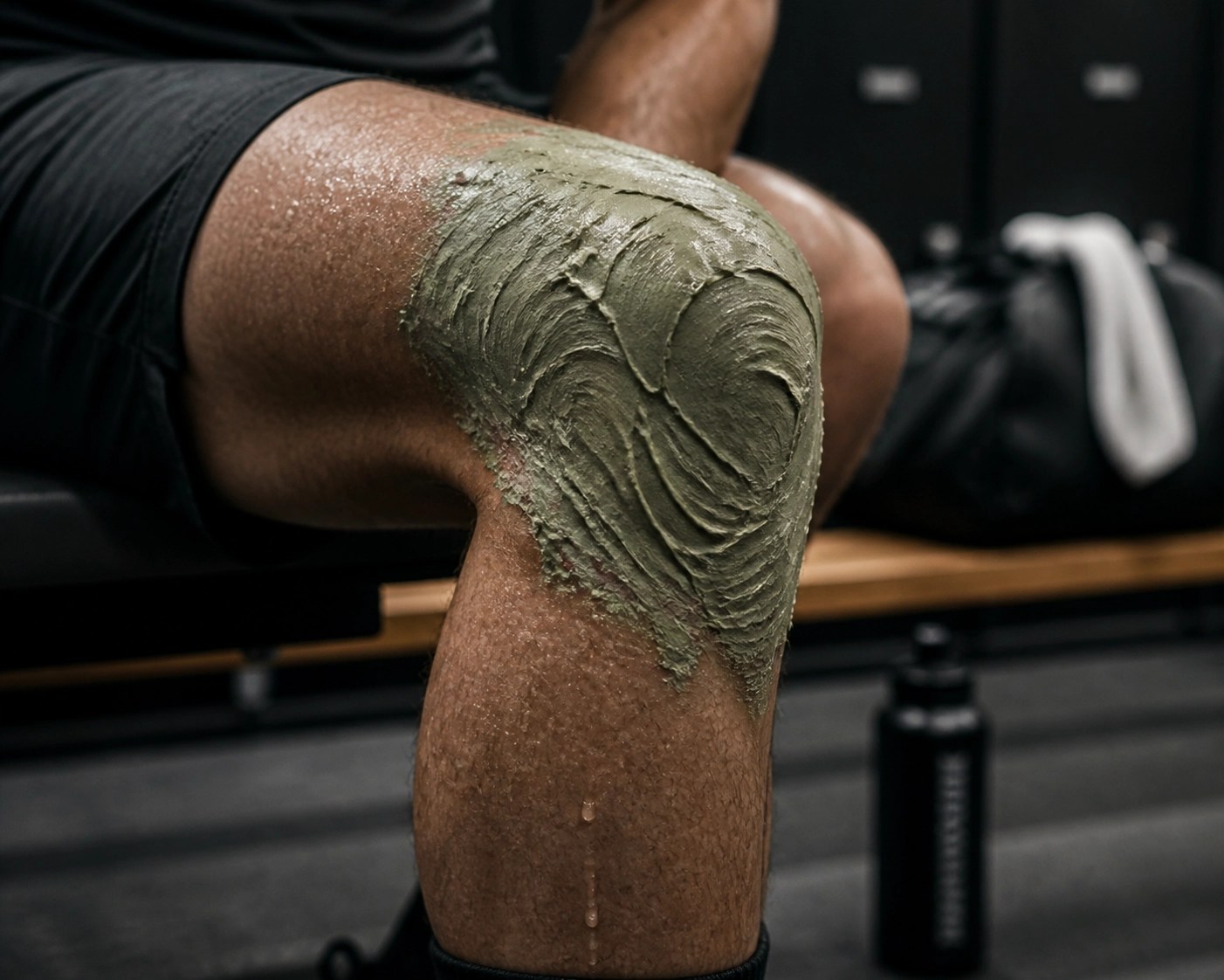 Athlete applying Clayer green clay mask to a knee for fast sports recovery and joint inflammation relief.