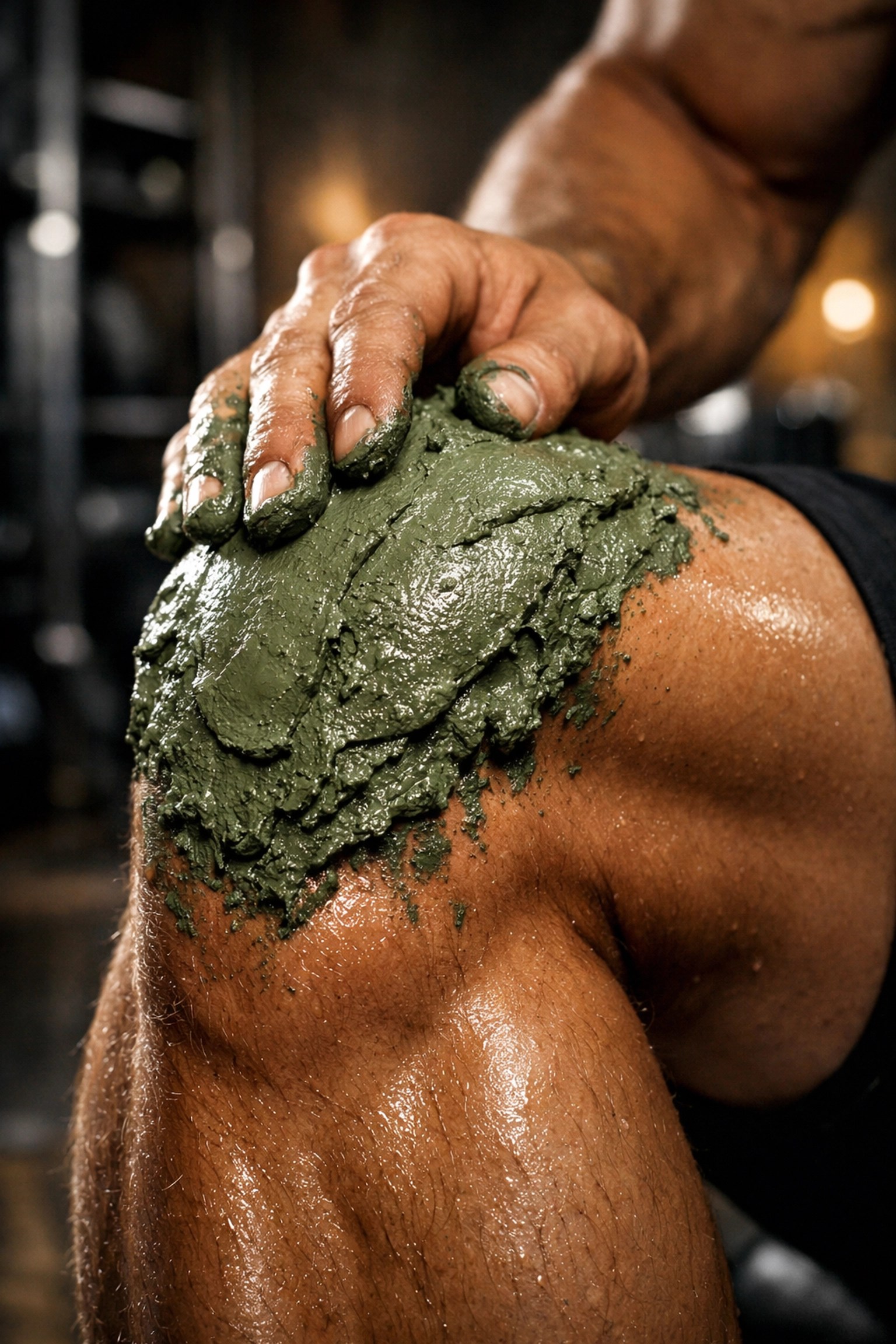Athlete applying French green clay to a knee for natural football injury recovery and inflammation relief.