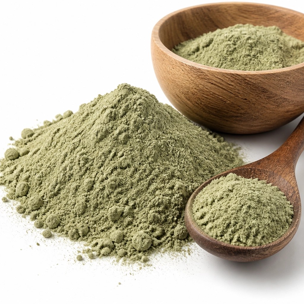 Close up of fine French green clay powder and wooden spoon