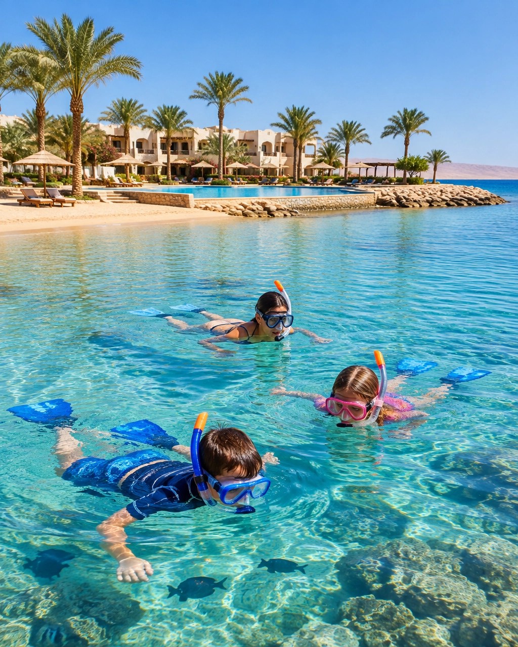Family enjoying a sunny Red Sea resort with turquoise water and a calm pool