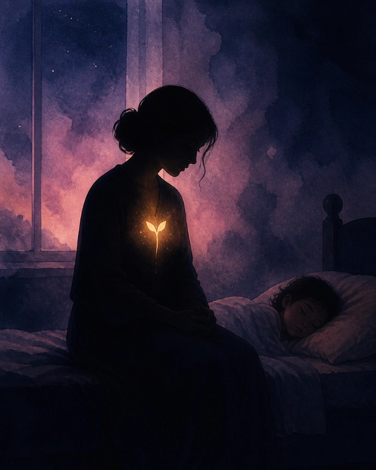 A silhouette of a mother sitting on the edge of a child's bed, a small golden seedling glowing in her chest.