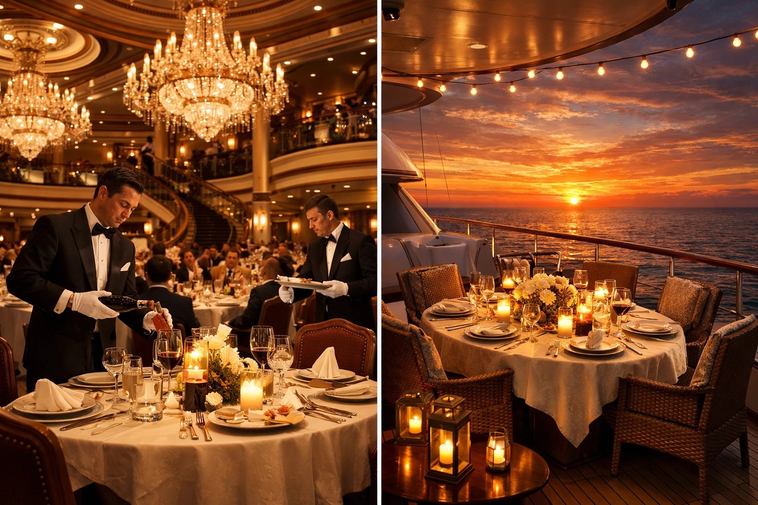Luxury cruise ship elegant dining room compared to intimate yacht deck dinner setting