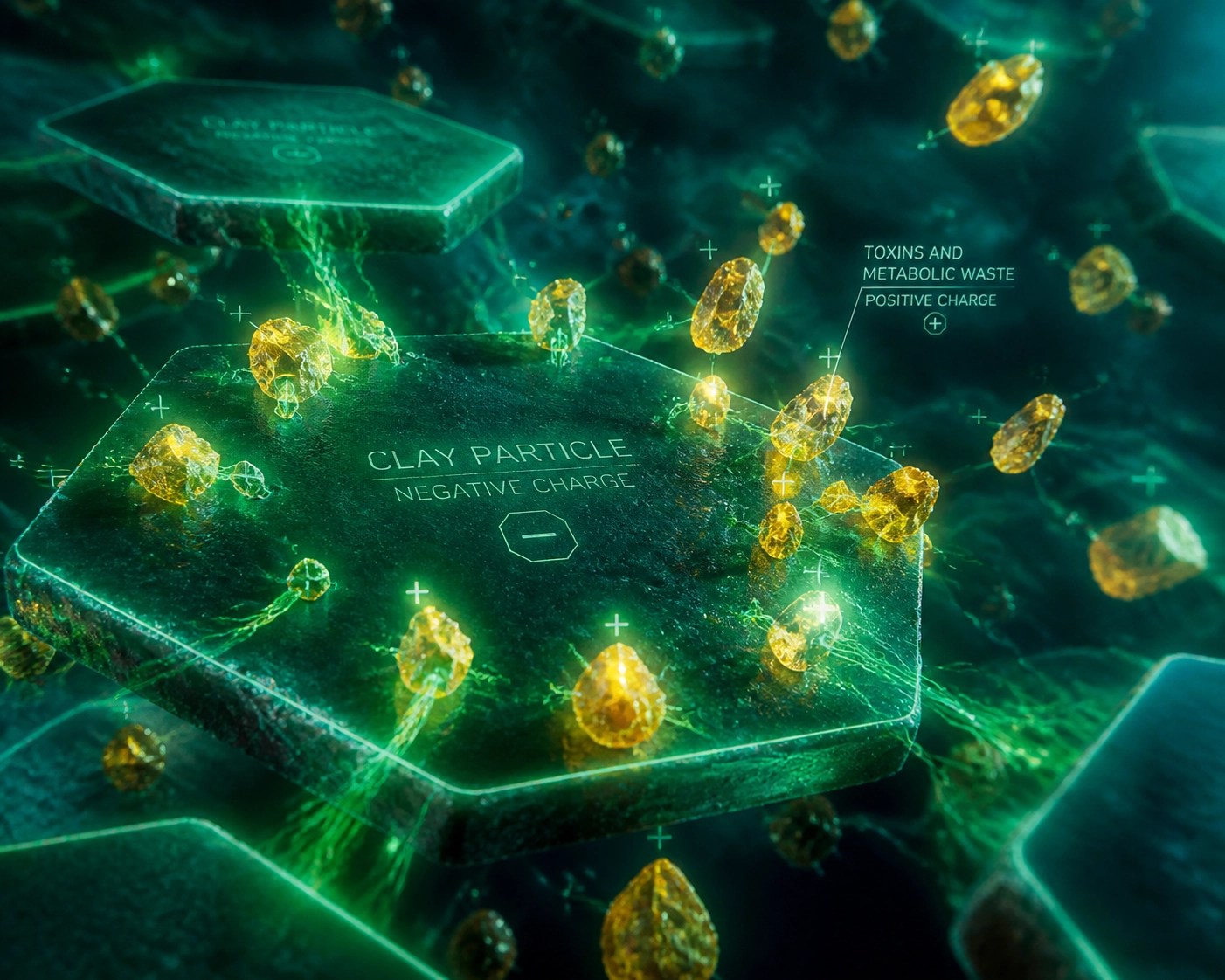 Microscopic visualization of green clay particles attracting toxins through ionic exchange.
