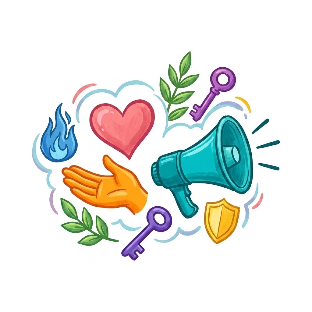 A hand-drawn illustration of colorful icons: a pink heart, an orange hand, and a turquoise megaphone: representing various spiritual gifts.
