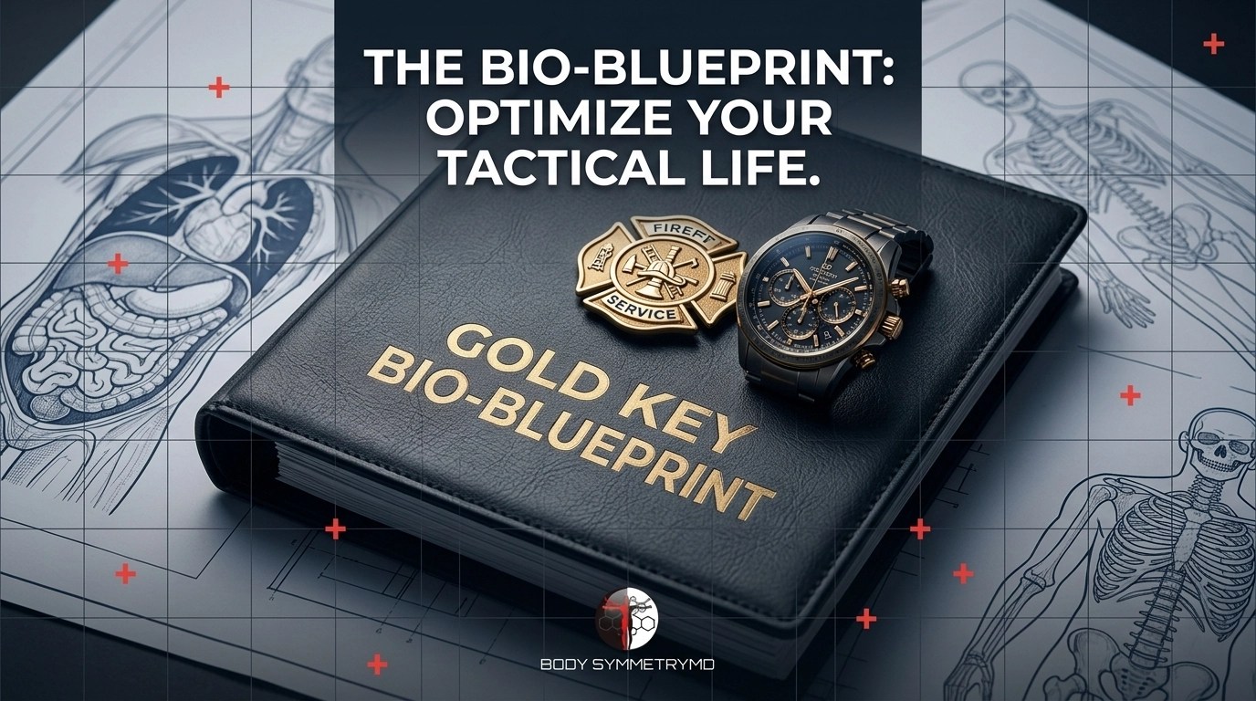 Tactical CEO: Firefighter badge and executive watch on a Bio-Blueprint report representing dual-front leadership