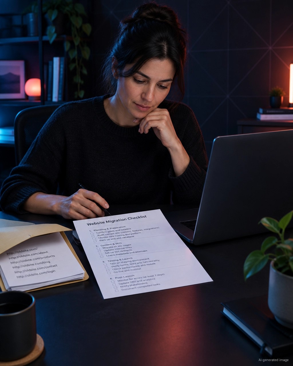 Founder reviewing a migration checklist beside old URL documents
