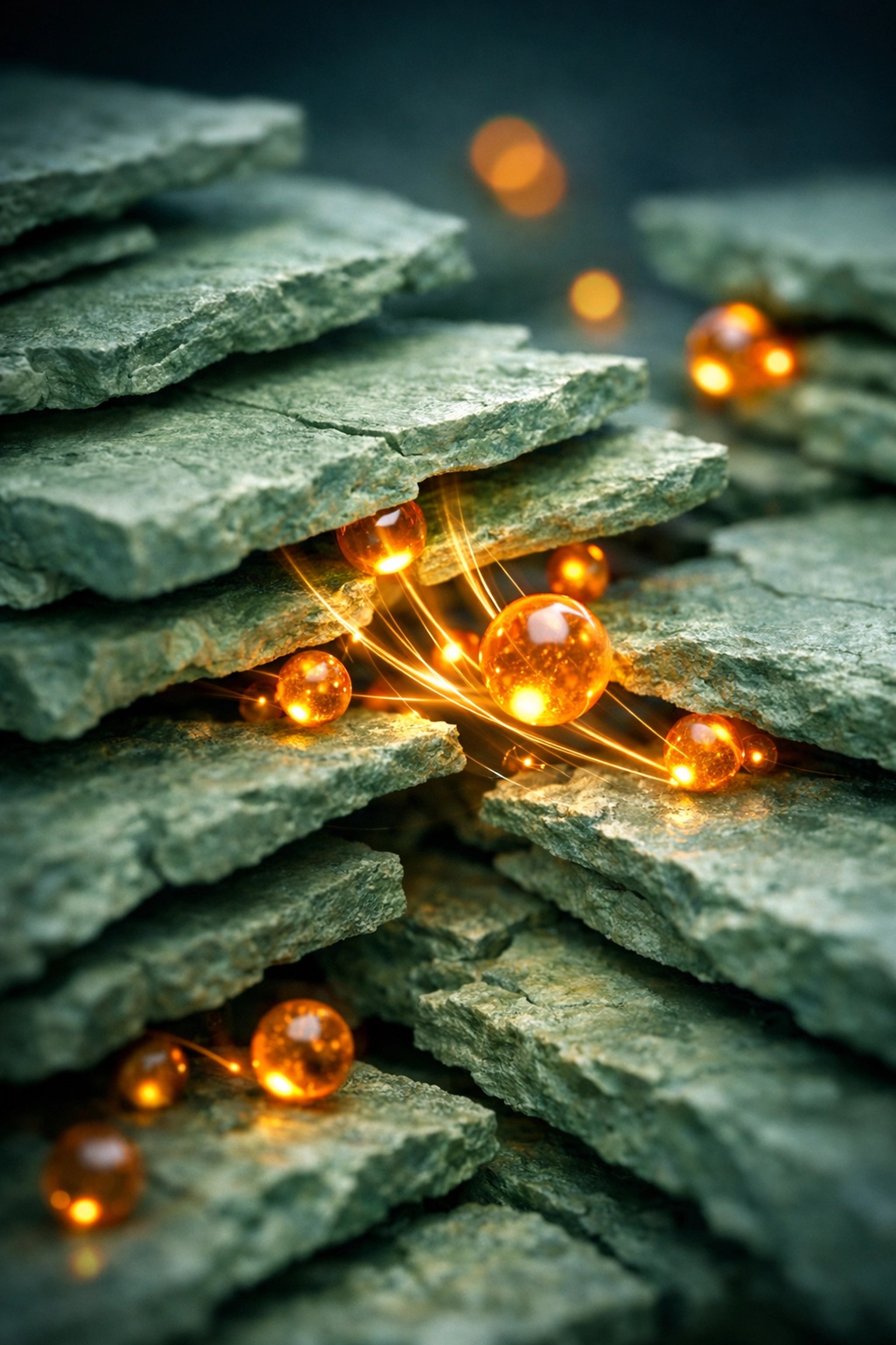 Microscopic visualization of green clay minerals attracting and absorbing impurities through ion exchange.