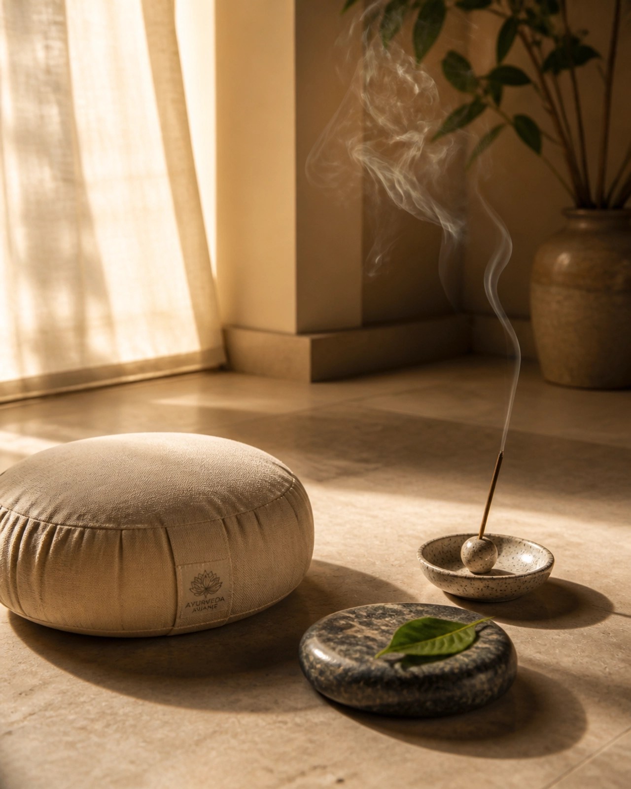 A minimalist meditation space with a cushion and incense, evoking the tranquility and focus central to Ayurvedic living.