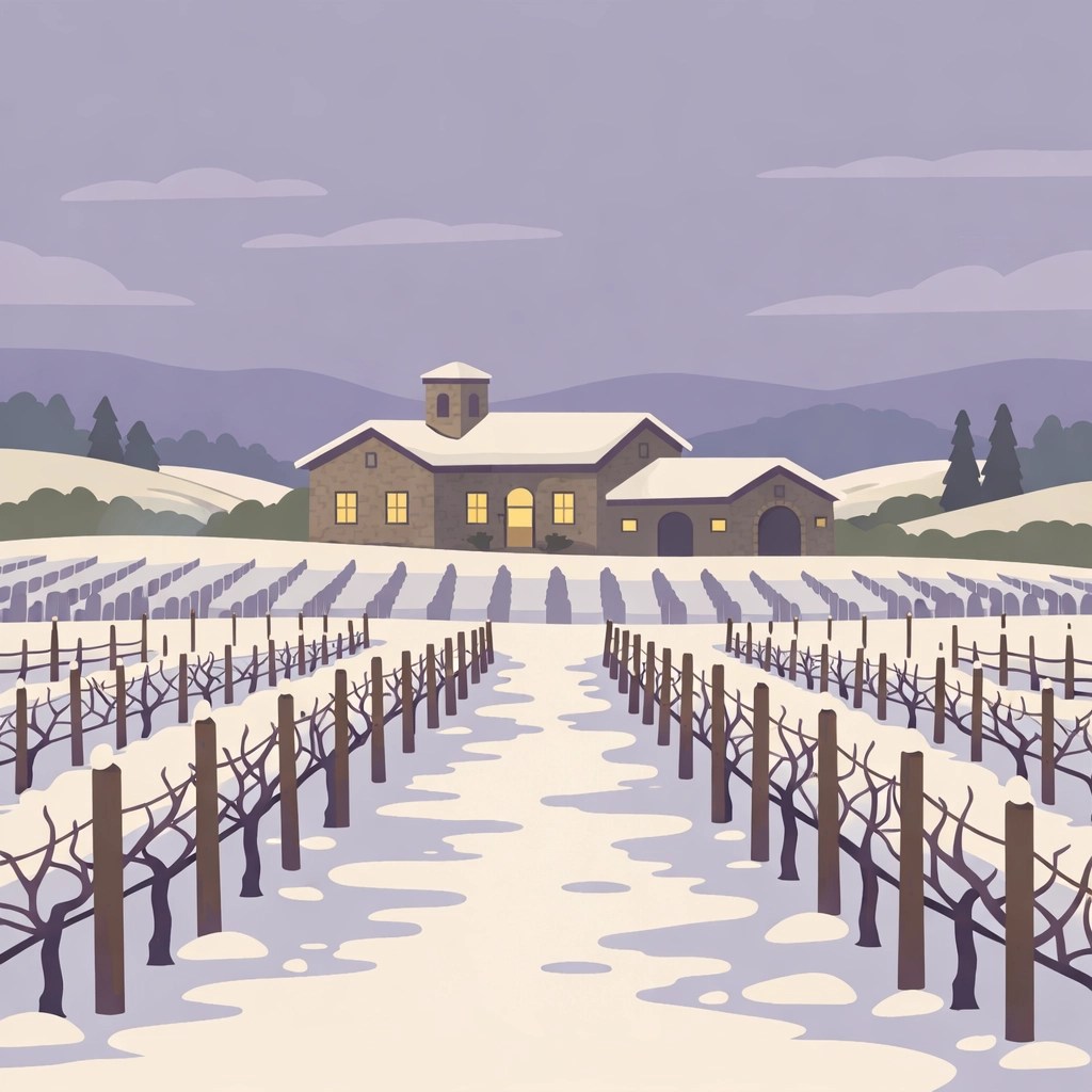 Snow-covered Virginia vineyard in winter with cozy winery building