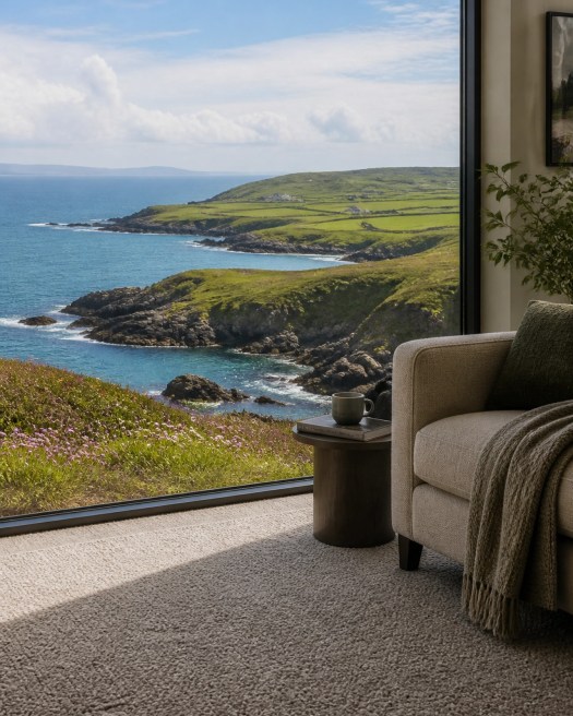 A scenic view of the Anglesey coast near a luxury home