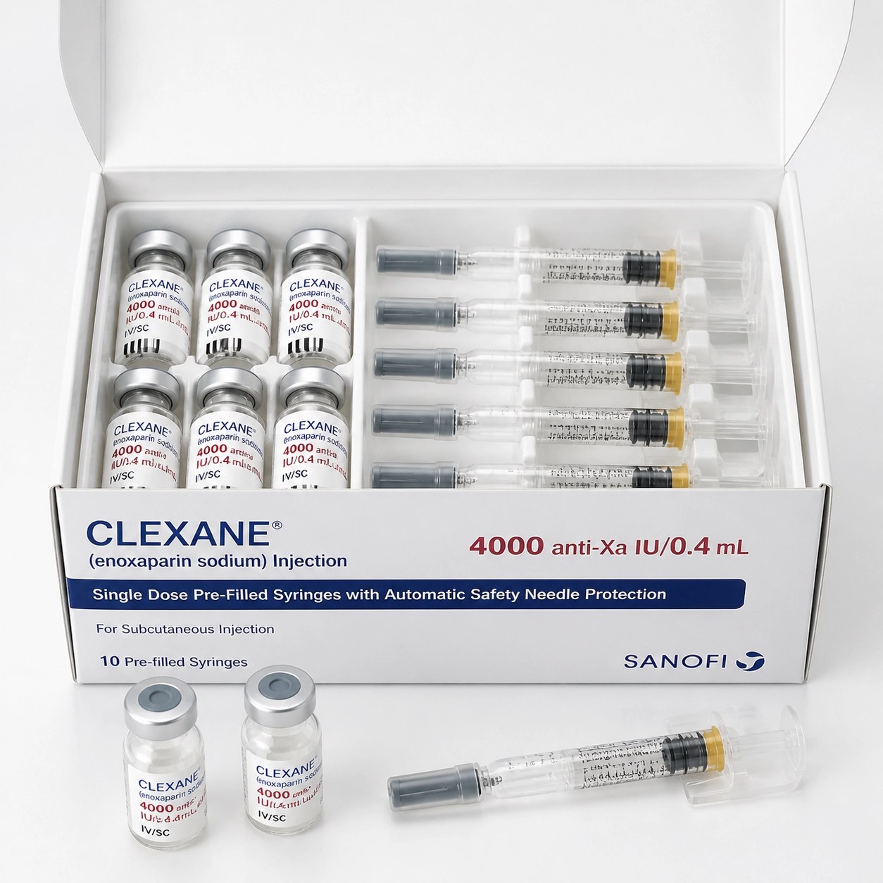 Realistic product photography of a professional medical box containing sterile glass vials and syringes, neatly arranged on a clean white background.
