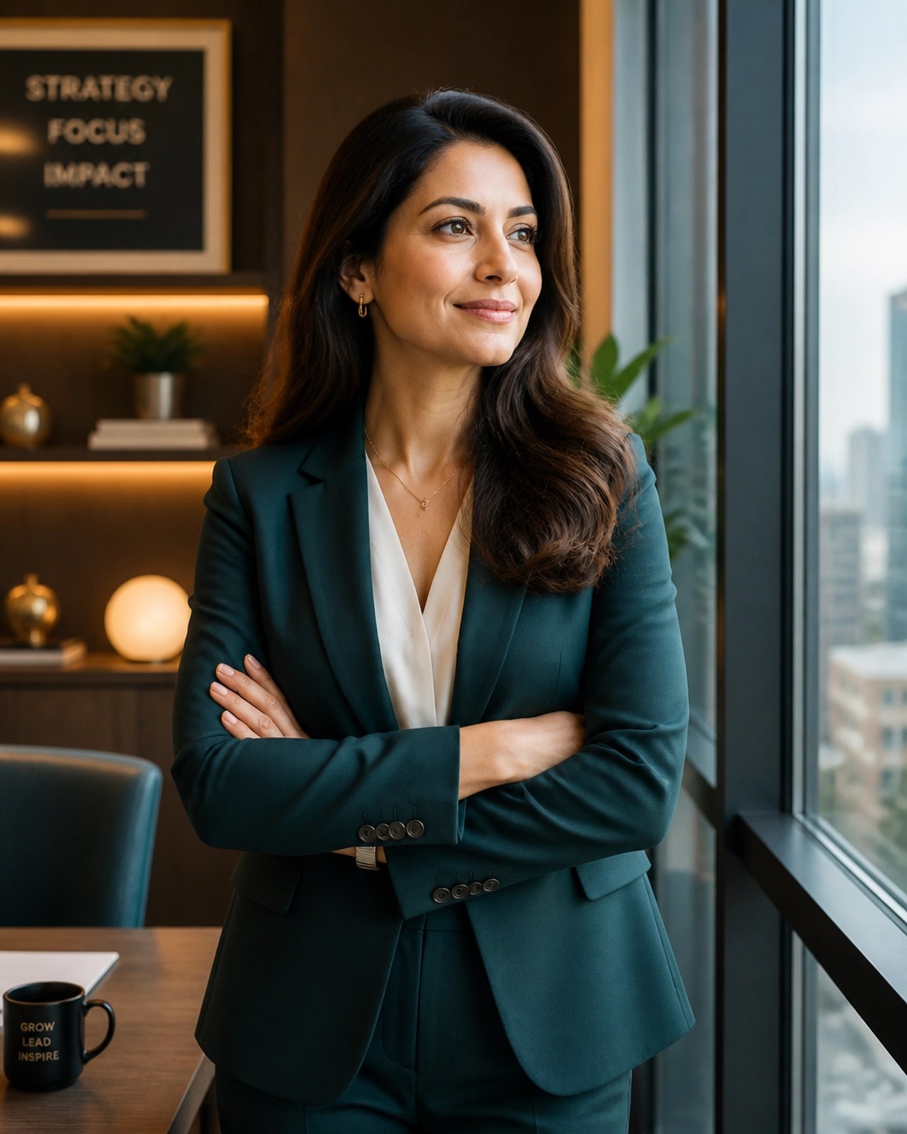 A confident professional standing by a window in a modern office, looking out thoughtfully with a subtle smile