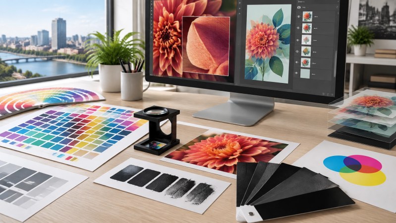 Color-managed prepress workstation showing image resolution, CMYK workflow, spot color, black ink, fonts, and layers