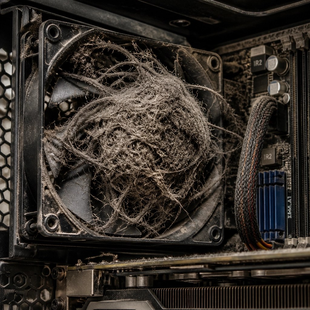 Macro shot of a massive dust ball clogging a computer fan