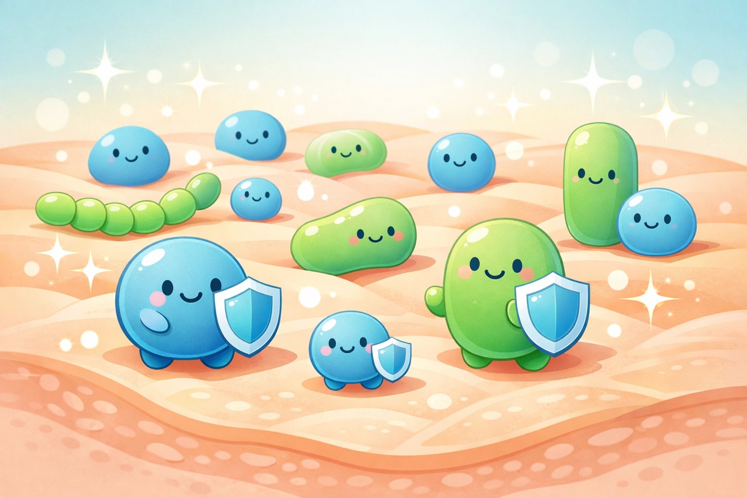 Cartoon illustration of a healthy skin microbiome protected by natural minerals and balanced pH.