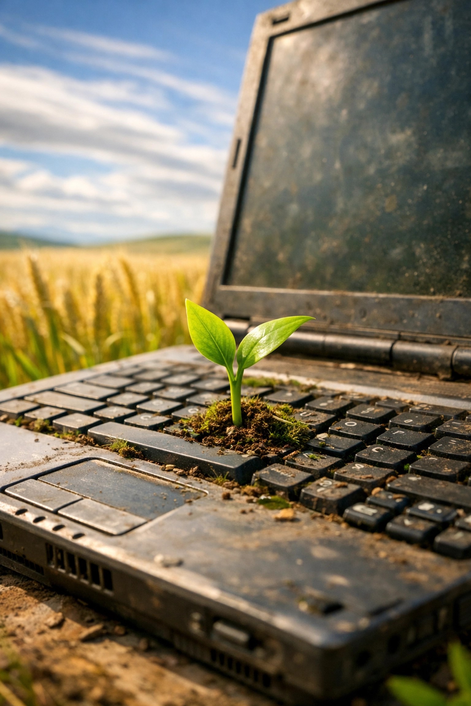 A green plant growing from a recycled laptop keyboard in a Southern Alberta field.
