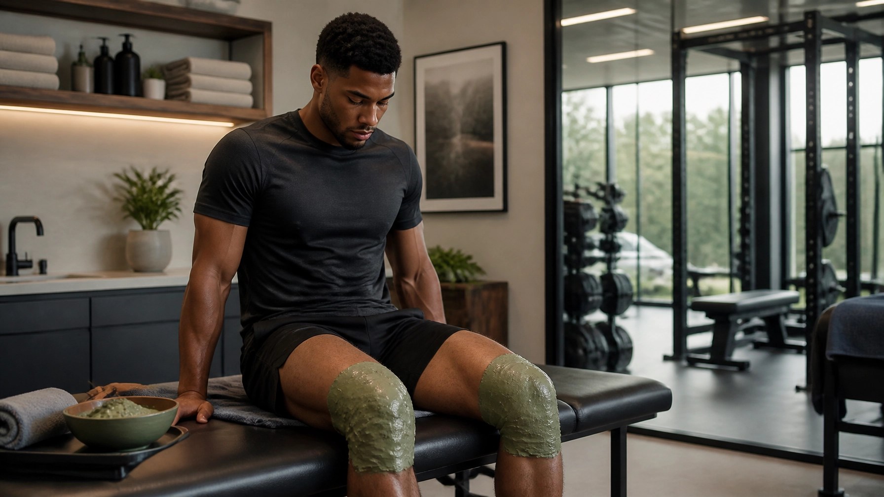Athlete using clay poultices for knee recovery
