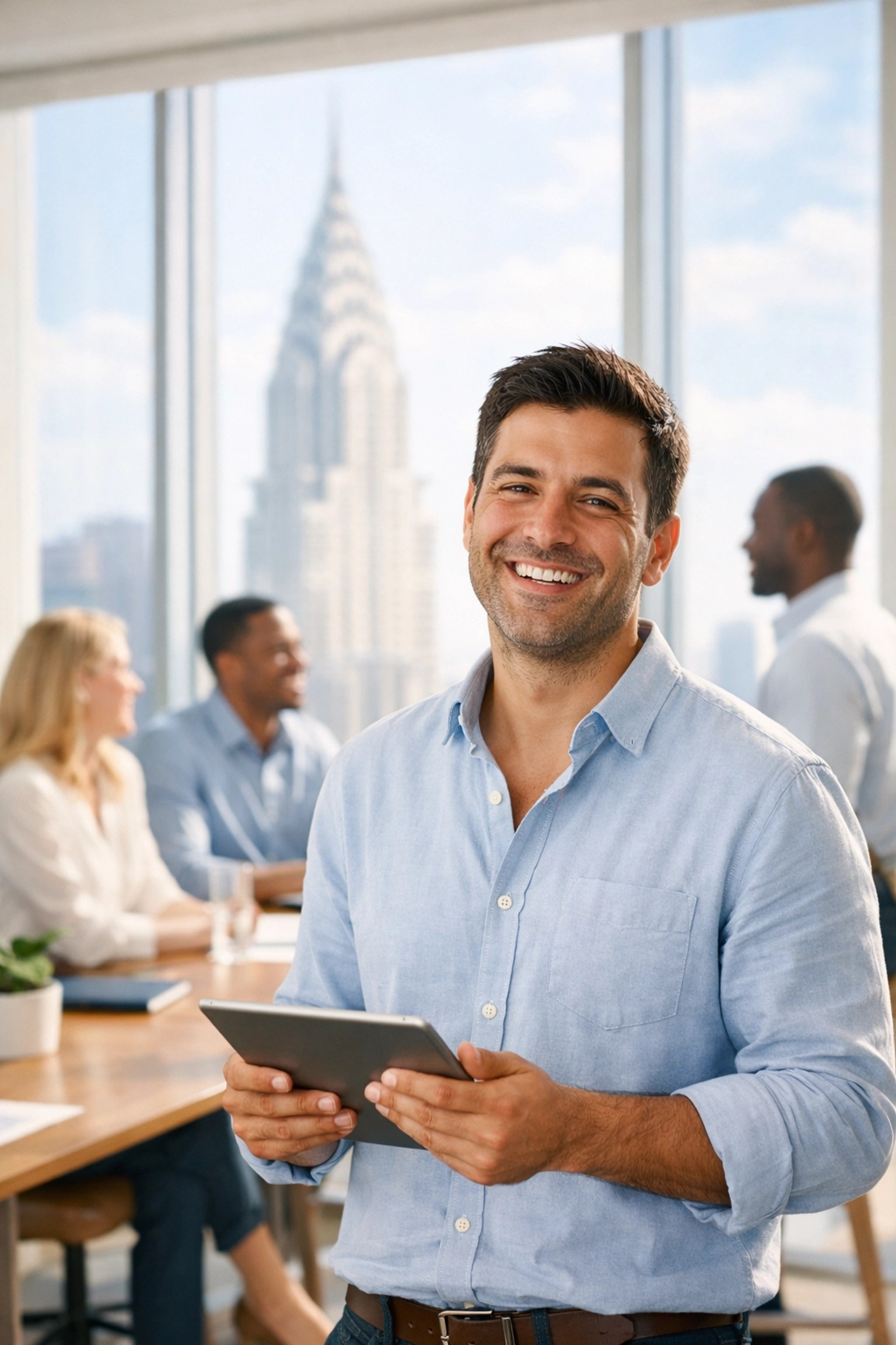 Happy NY employees selecting personalized health plans, showcasing affordable employee coverage choice.