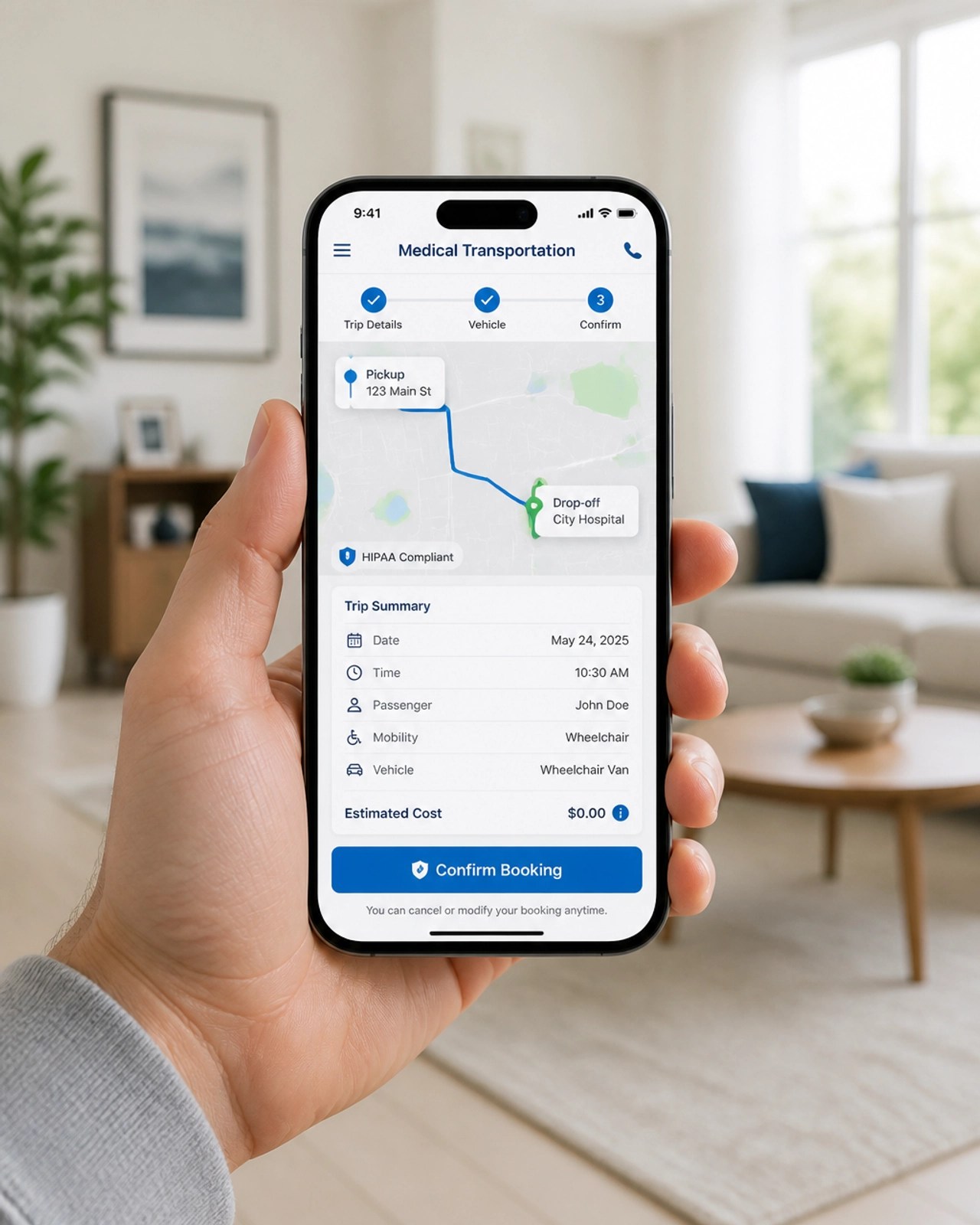 A hand holding a smartphone with the Swift Ryde booking interface