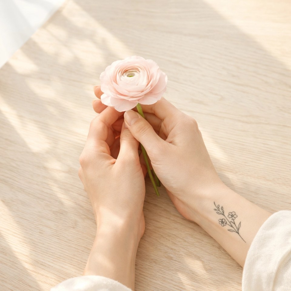 An alternative mom with a floral tattoo holding a pink flower, reflecting unconventional beauty and God's grace.