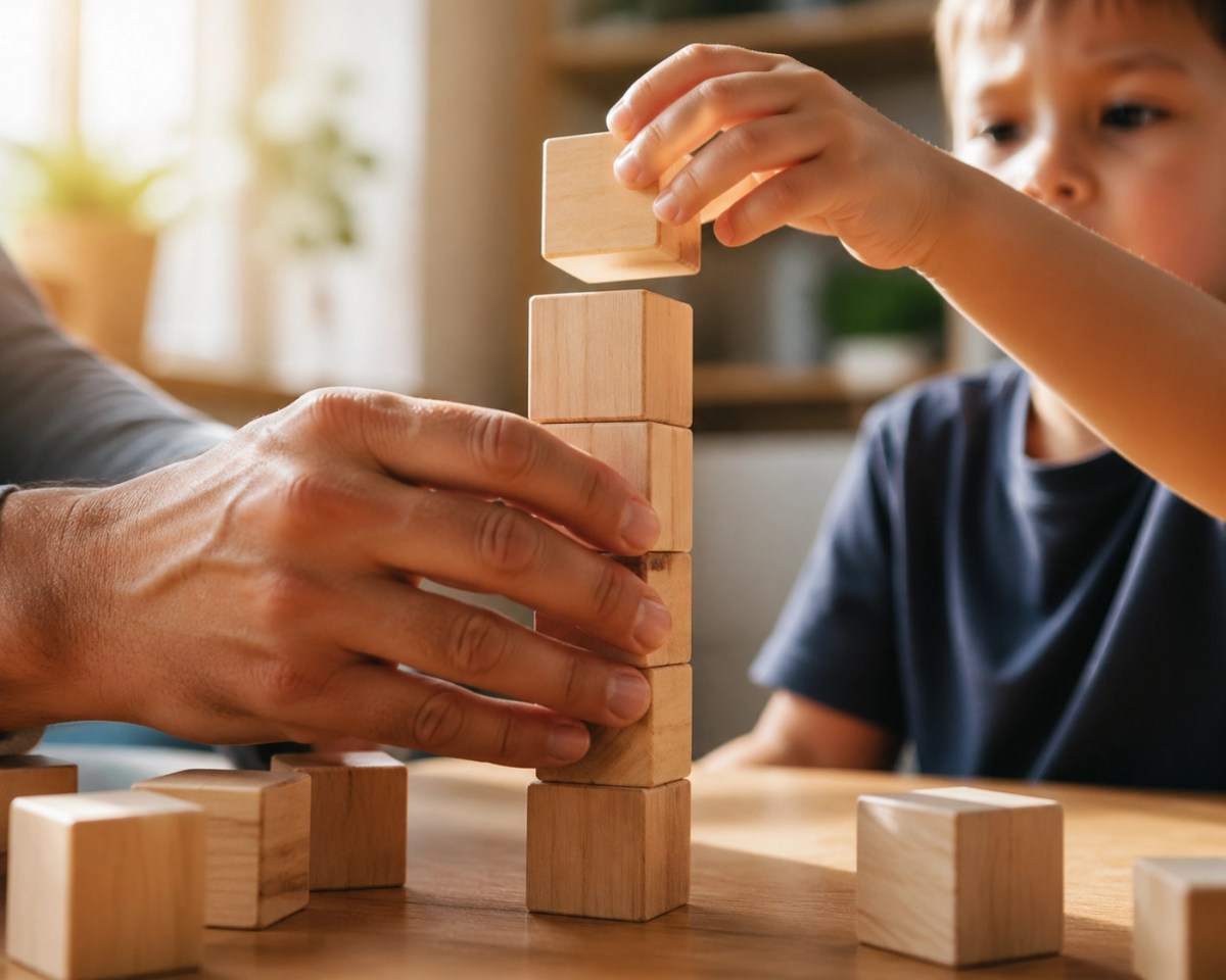 Close-up of father and child building blocks together, symbolizing the trust built by parenting consistency.
