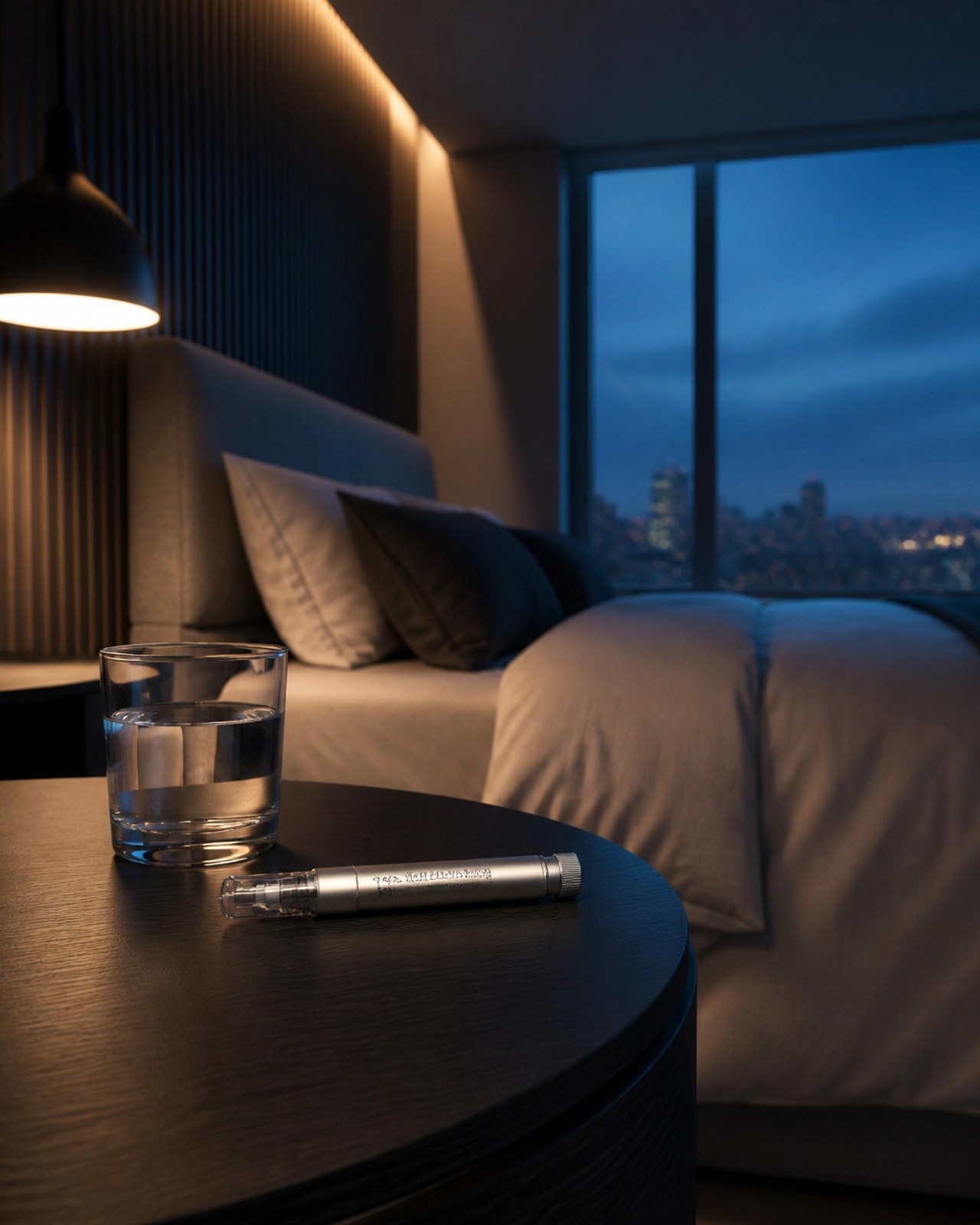 High-end lifestyle photography of a luxury bedroom with a glass of water and a sleek WLA-style peptide pen on the side table.