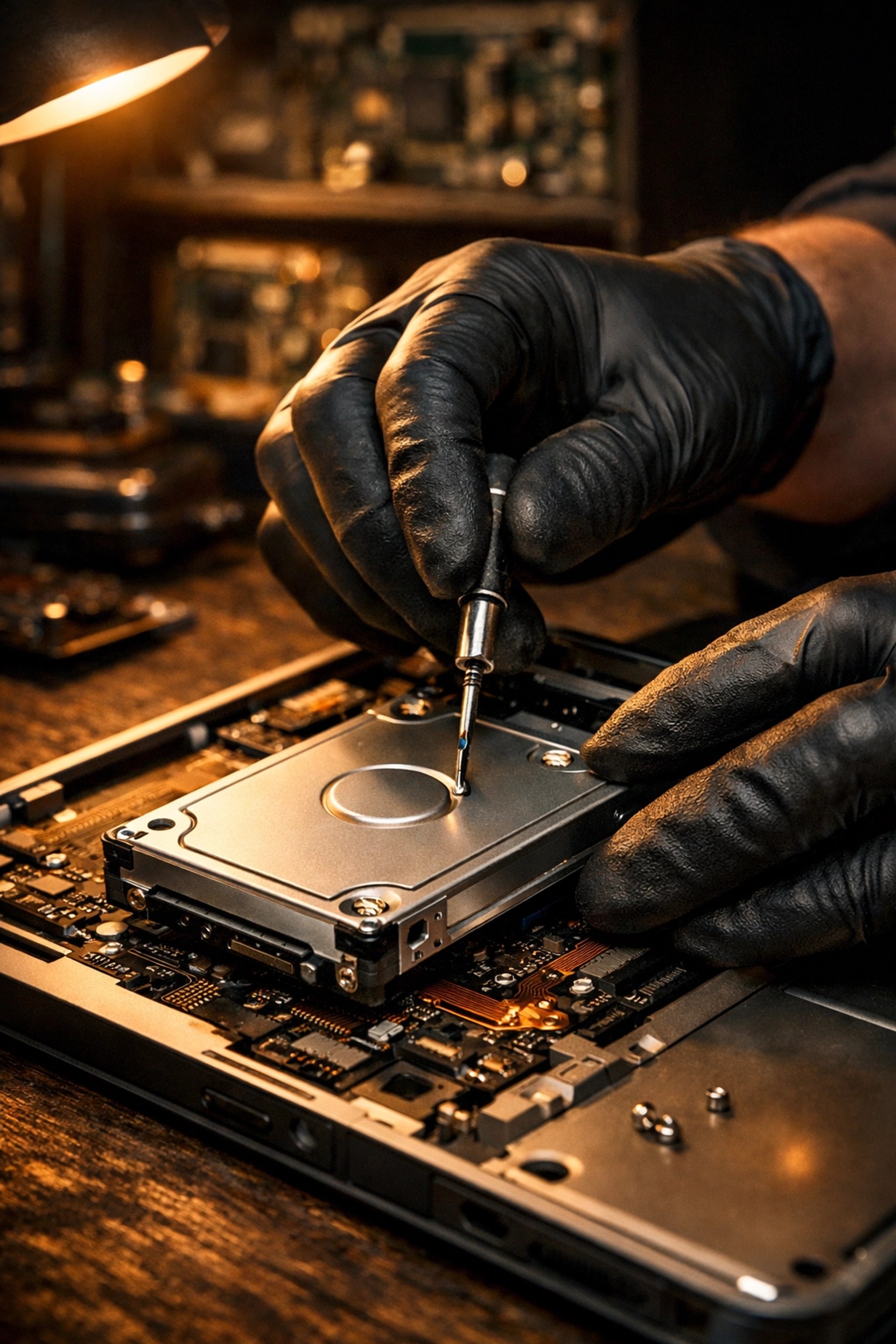 Professional technician unscrewing a laptop hard drive for secure data backup and electronics recycling preparation.