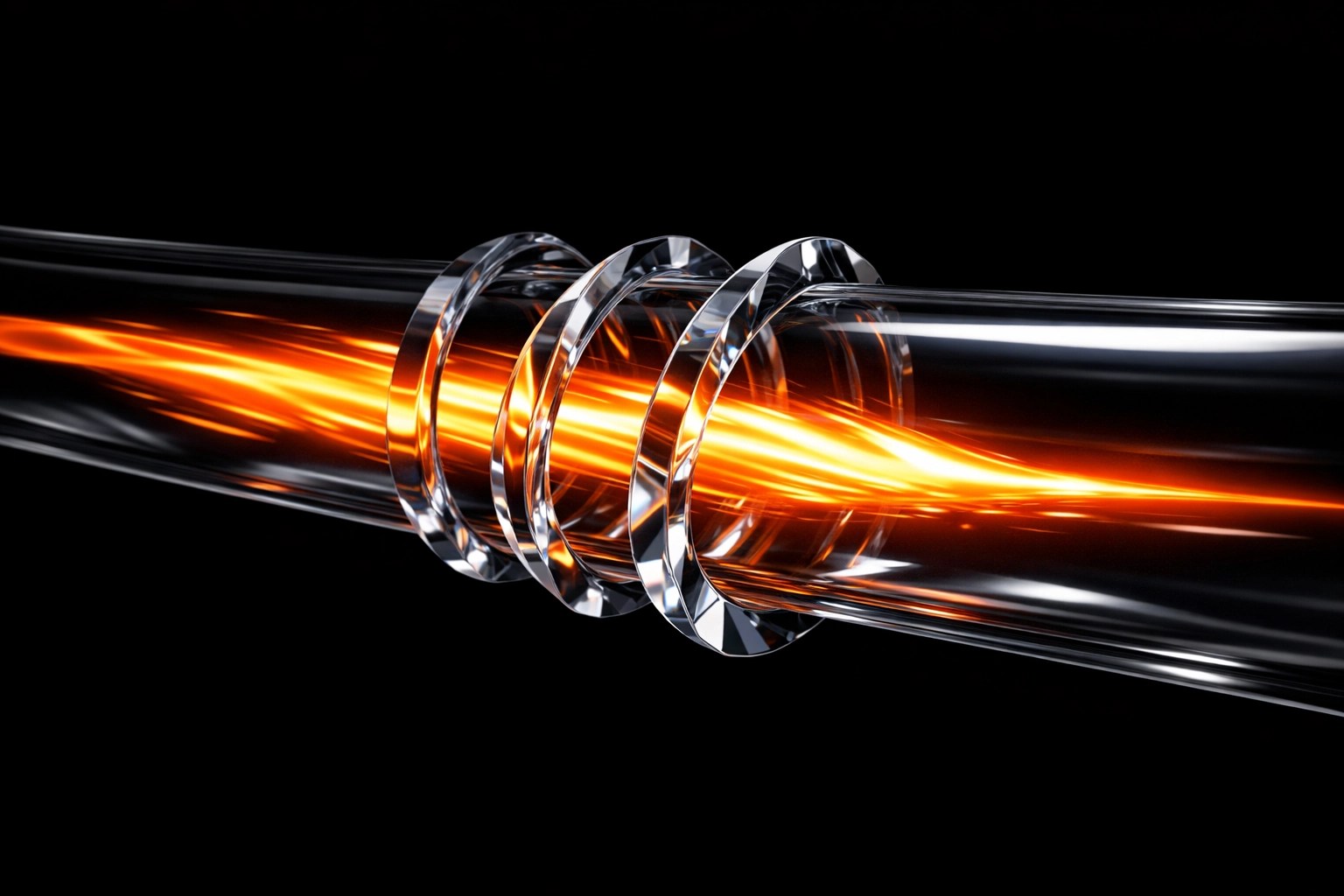 A high-velocity light flow through a conduit representing frictionless agency throughput and automated systems.