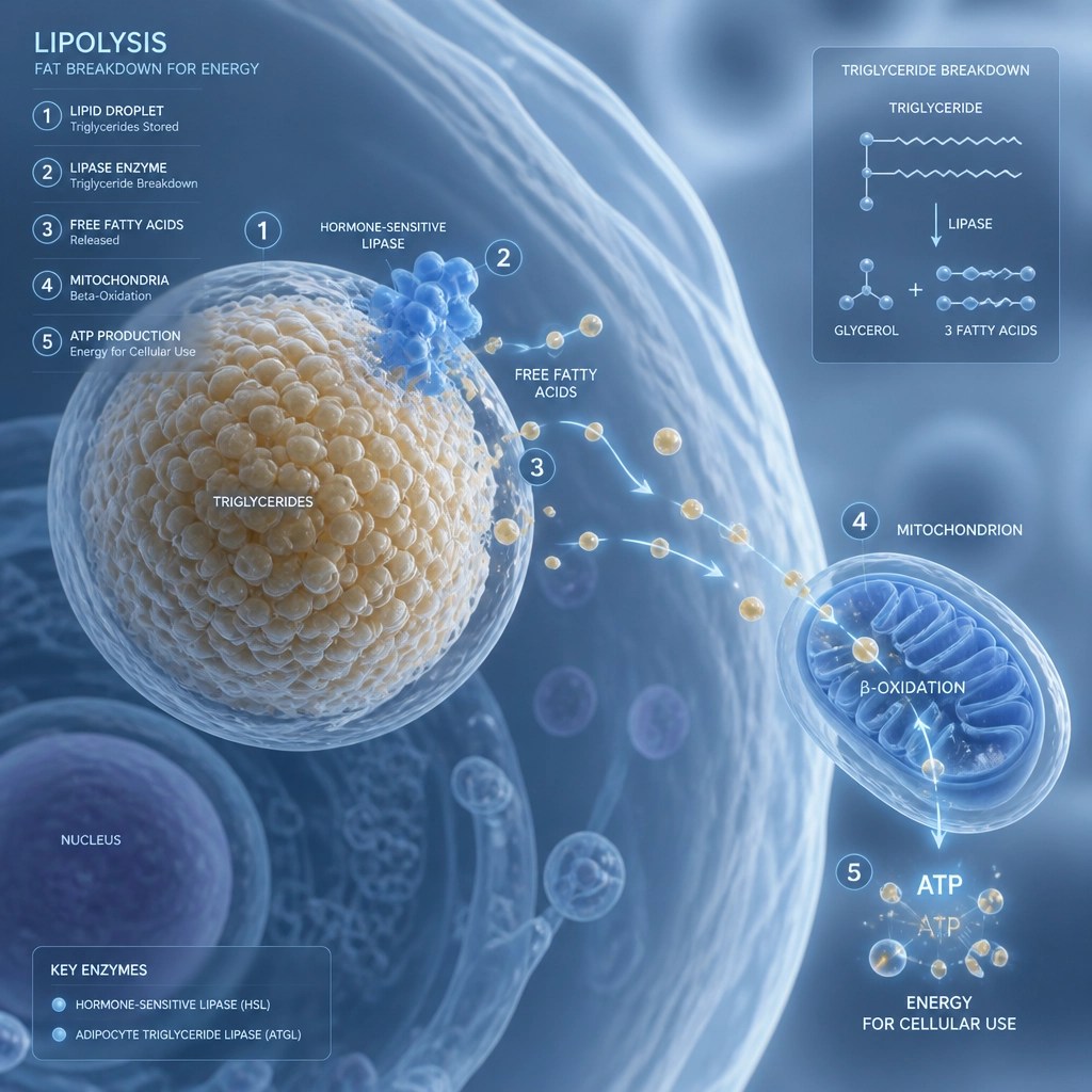 A professional, clinical visualization of a microscopic lipid droplet within a human fat cell being broken down into energy molecules.