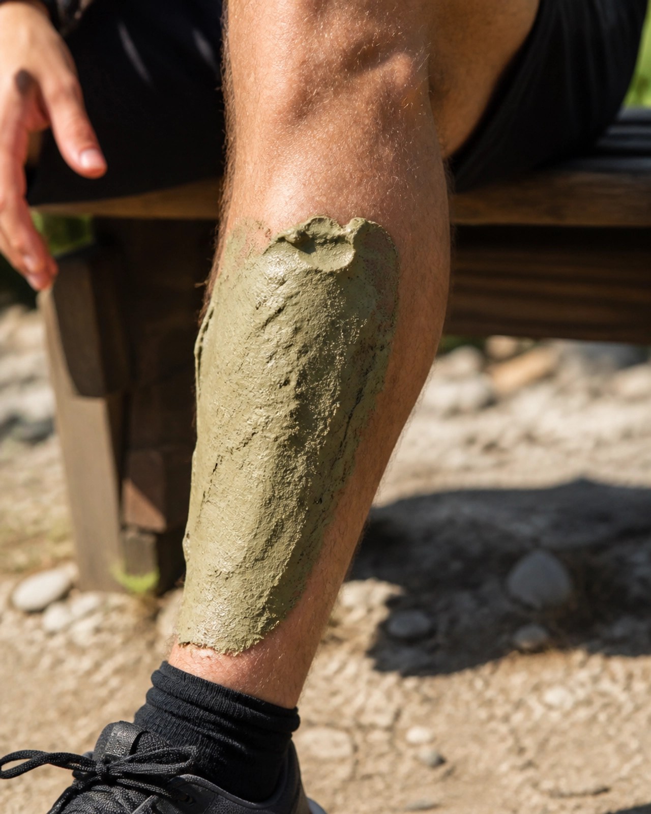 An athlete sitting outdoors with a natural green clay poultice applied to their calf for recovery