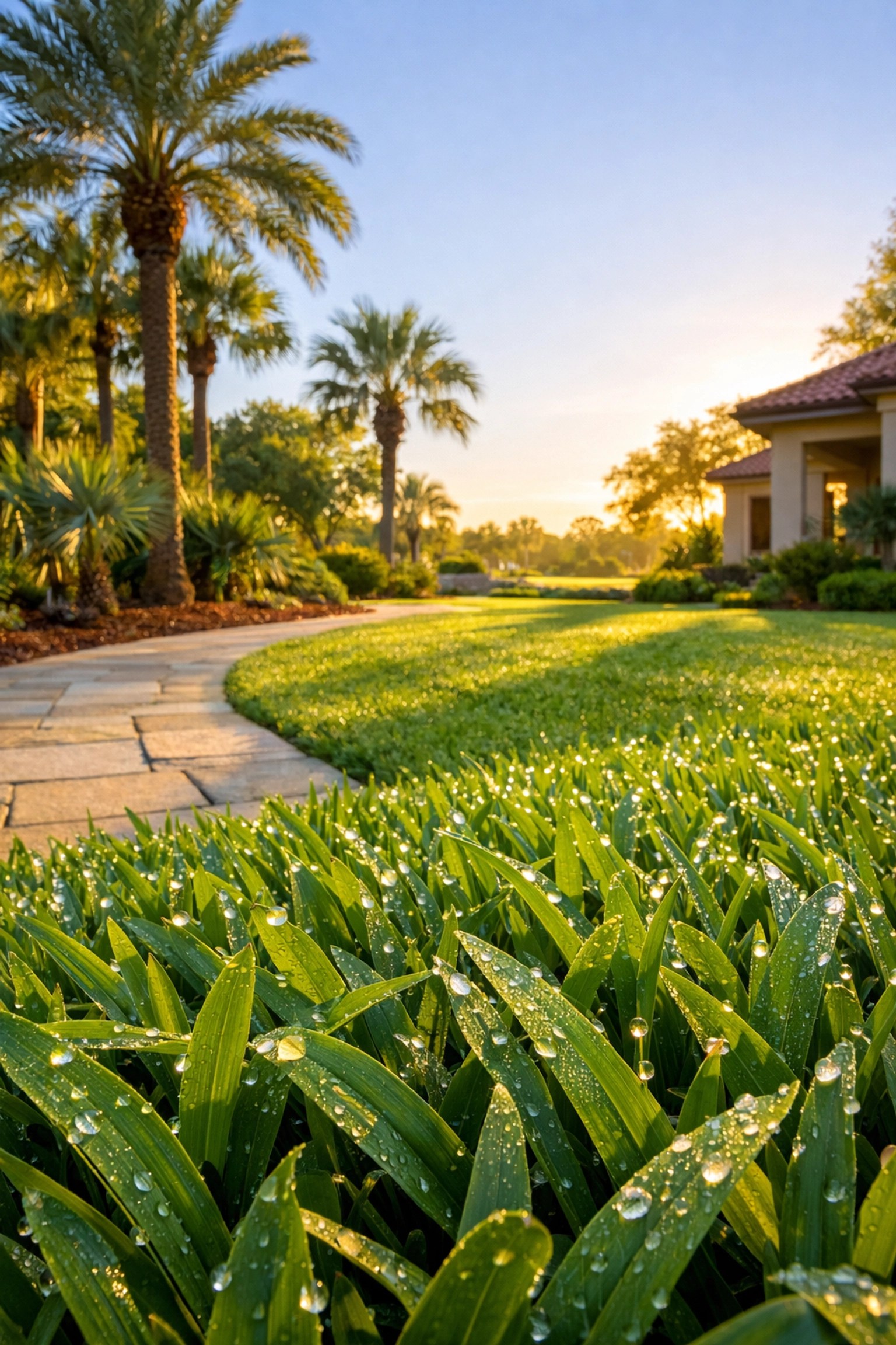Lush St. Augustine grass on a healthy Jacksonville residential lawn with a stone walkway.