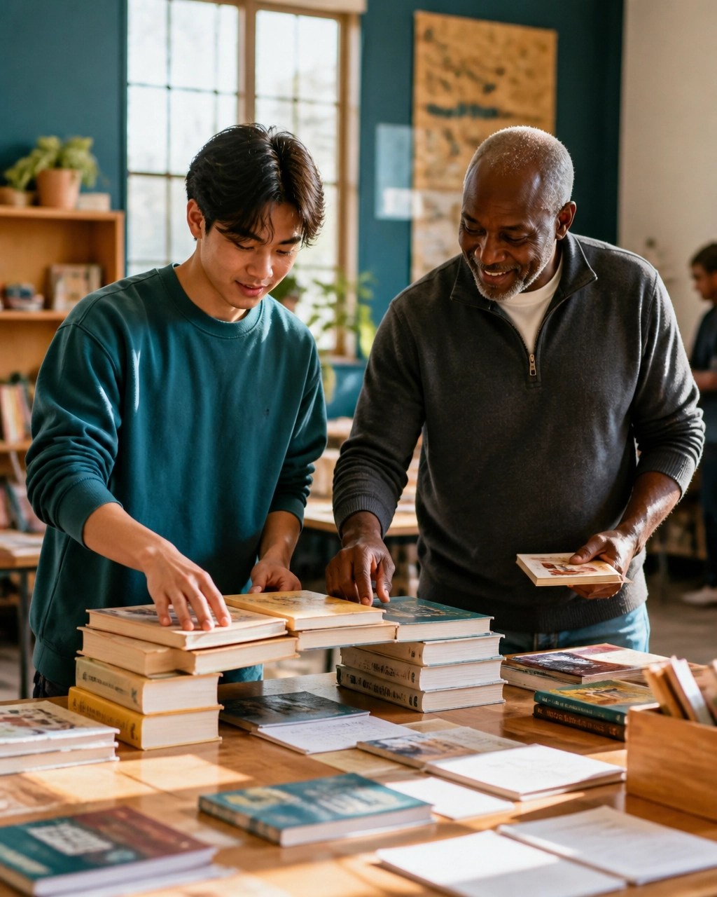 A student working with a community mentor to organize books and learning materials during a purposeful service project