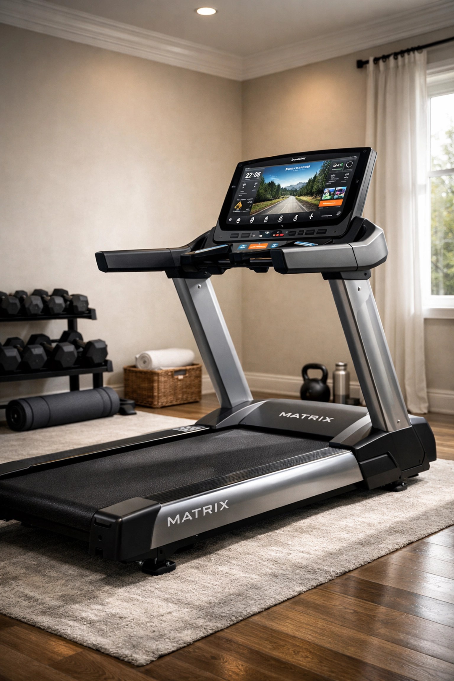 Premium Matrix treadmill featuring a high-tech console in a modern Melbourne home gym space.