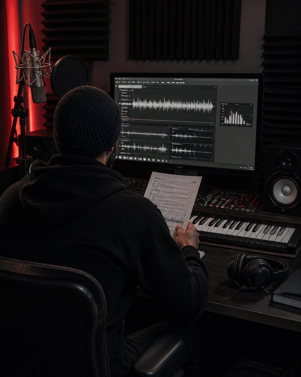 Independent artist reviewing release metadata in a compact home recording studio