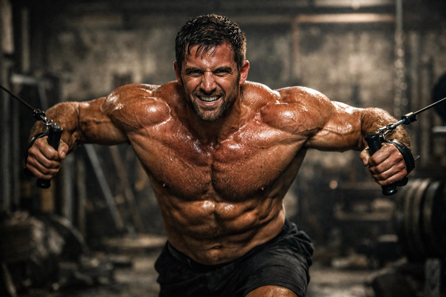 Tibs Parise performing a cable iron cross chest finisher in a warehouse gym with intense tension.