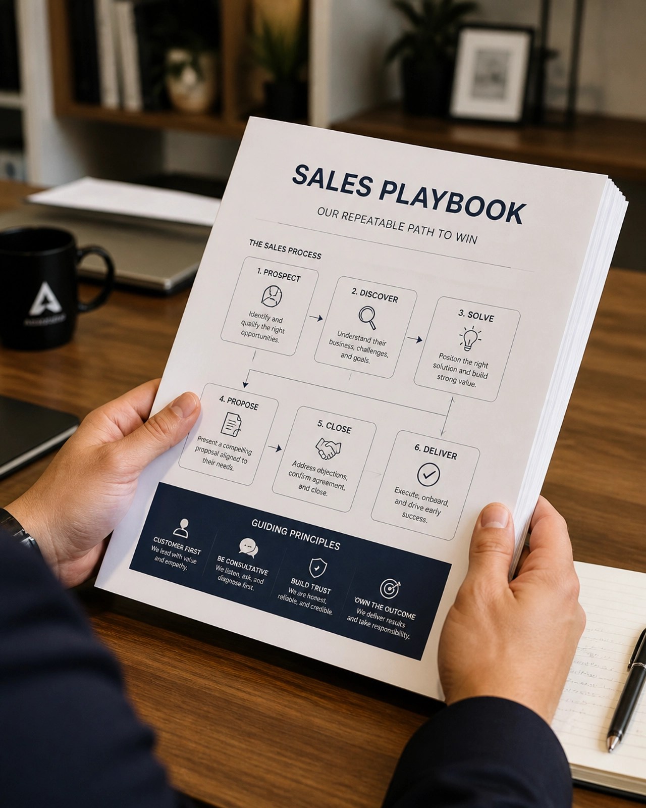 A close-up photograph of professional hands holding a thick, printed Sales Playbook, representing the codification of founder expertise.