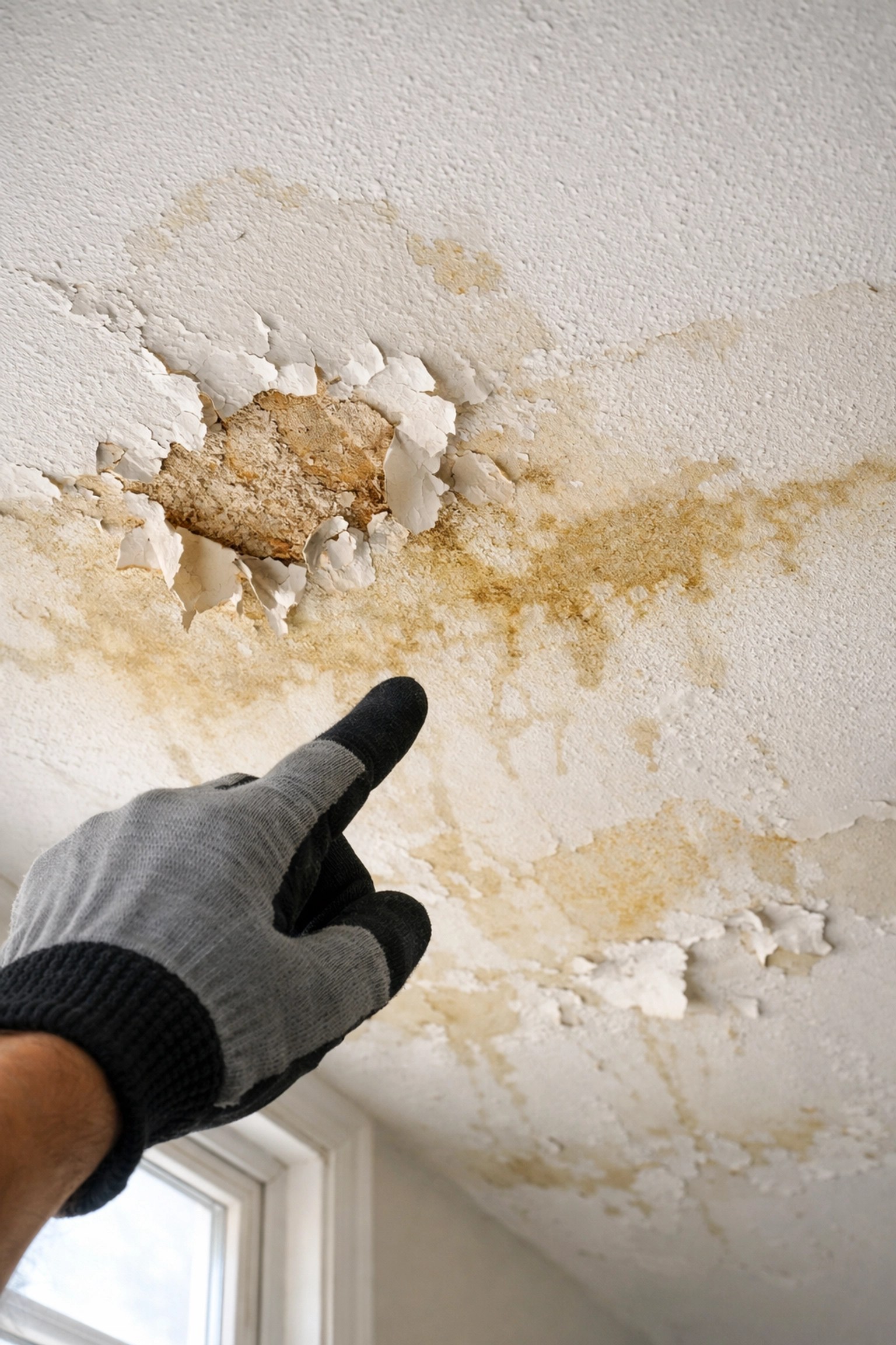 Water damage and ceiling stains that public adjusters identify during home inspections